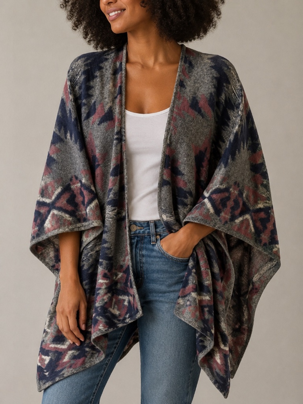 Lucky Brand Southwestern Aztec Pattern Open Front Poncho Wrap, One Size
